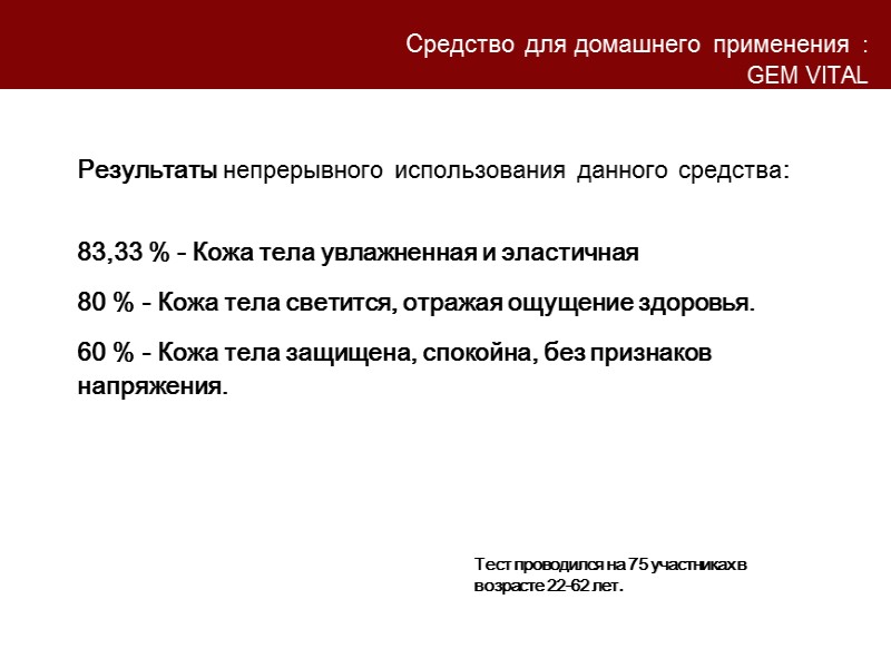 Результаты непрерывного использования данного средства: Тест проводился на 75 участниках в возрасте 22-62 лет.